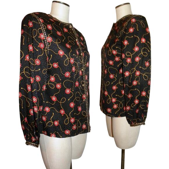 80s Scarf Print SILK Blouse | Fleur-de-Lis Tassel Black Red Gold Pattern | S - Picture 8 of 10